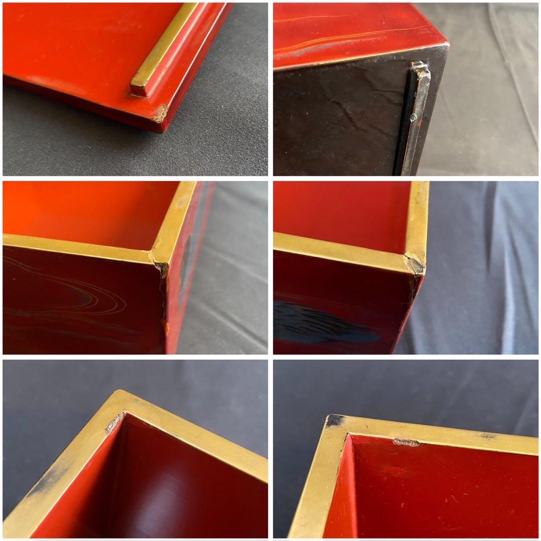 時代漆器 金銀 鴨蒔絵 紅溜 五段重箱 二枚蓋 共箱 木製 / 輪島塗