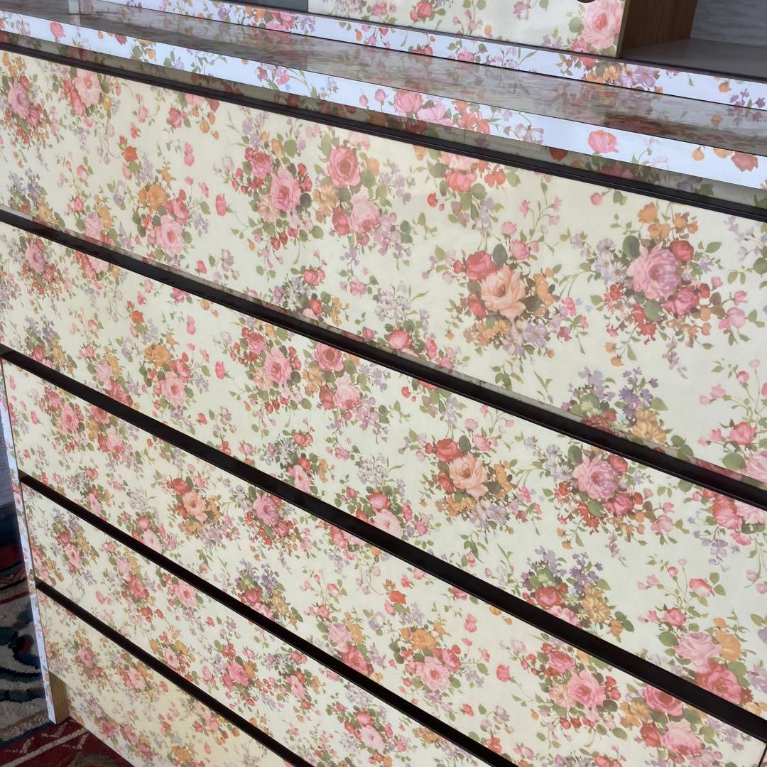 昭和レトロ 花柄 バラ柄 木製チェスト 5段タンス 飾り棚 古家具 ビンテージ