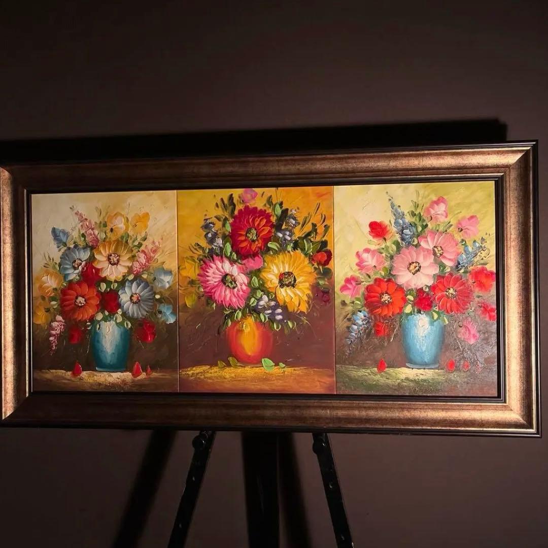 大）手描き油絵 3枚組 花瓶の花 額付 額付き 絵画 インテリア 油彩
