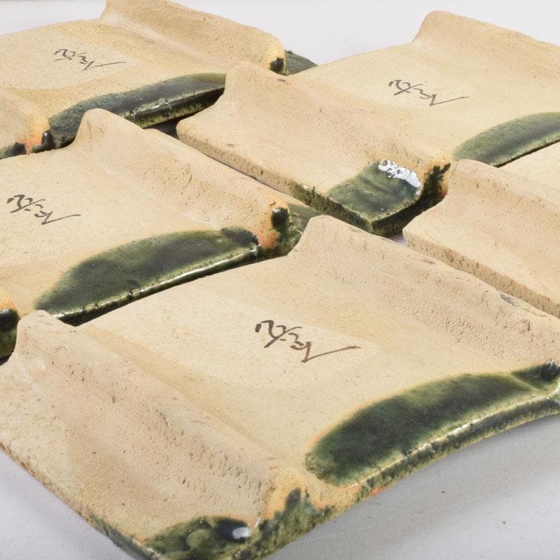 北大路魯山人作 織部焼 青織部 鳥文 四方皿 五客 時代箱 M