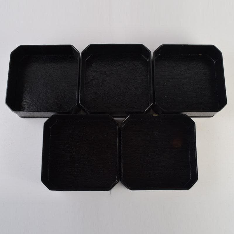 和食器 黒漆 松葉蒔絵 柿合 折曲重箱 5点 C 8625A