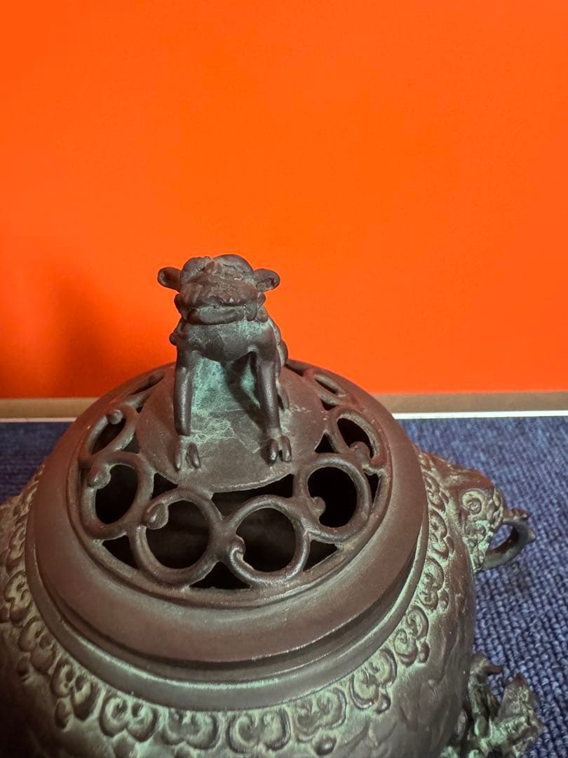 1817 高岡銅器 須賀七郎作 月芳 蝋型鋳銅 三獅子 香炉 時代物