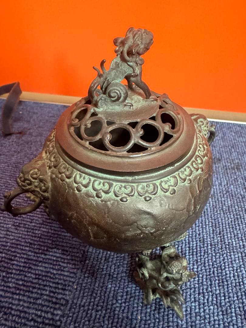 1817 高岡銅器 須賀七郎作 月芳 蝋型鋳銅 三獅子 香炉 時代物