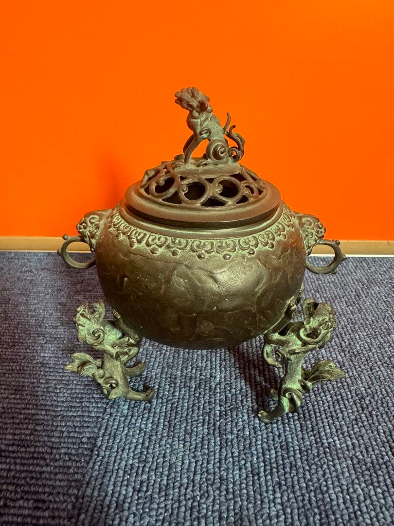 1817 高岡銅器 須賀七郎作 月芳 蝋型鋳銅 三獅子 香炉 時代物