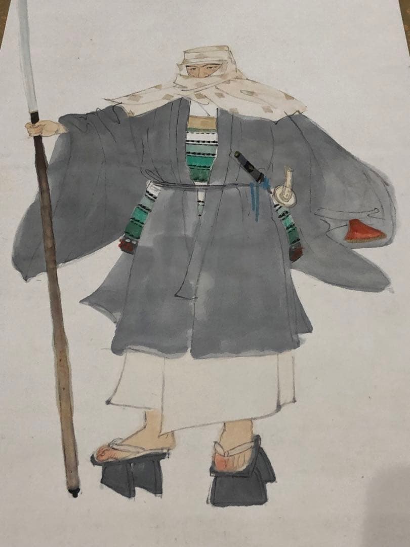 《山門之徒》掛畫。名畫家「福田  惠一」作品。美品。原畫，共箱。昭和時代。