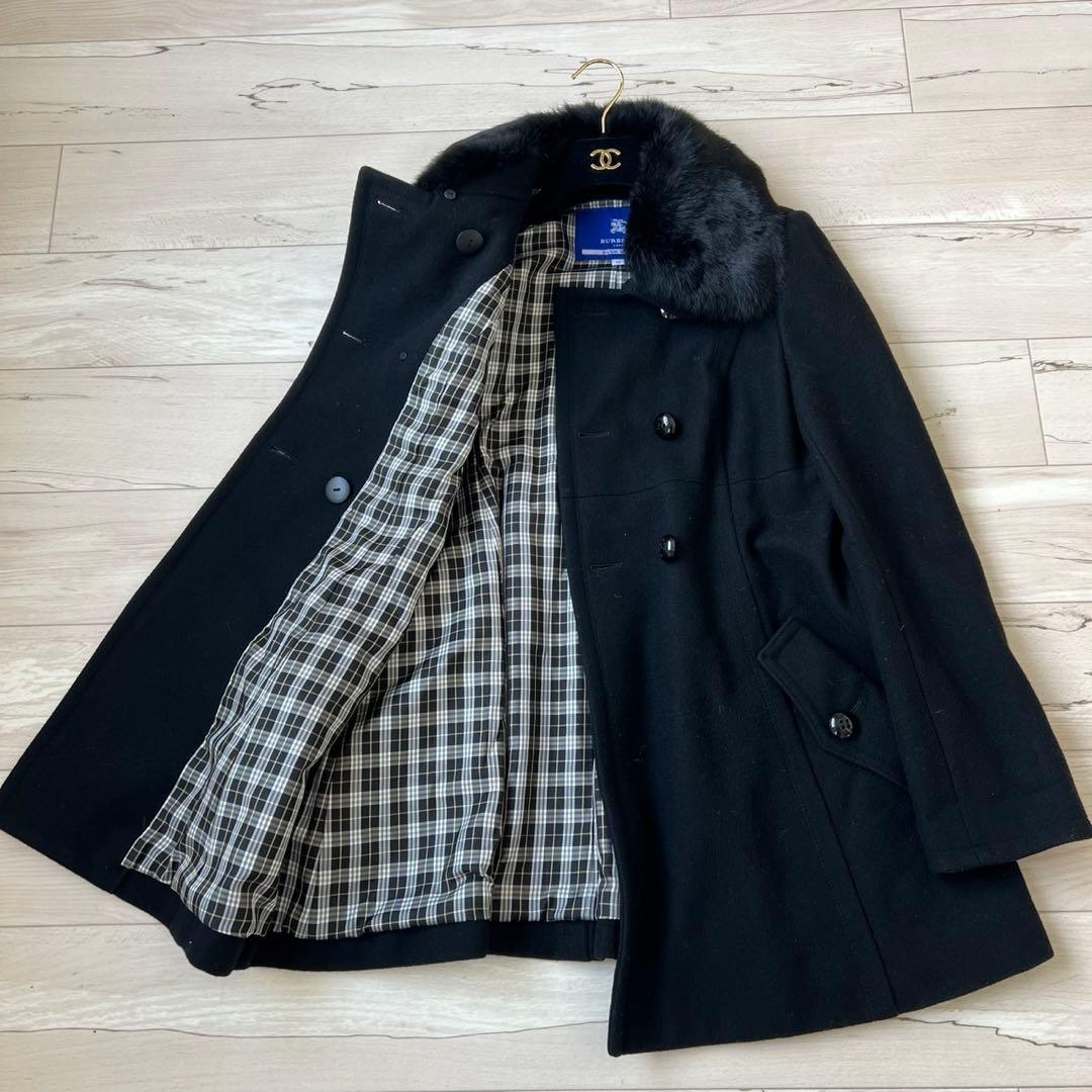 バーバリーブルーレーベル ロングコート ダブル チェック ラビット
