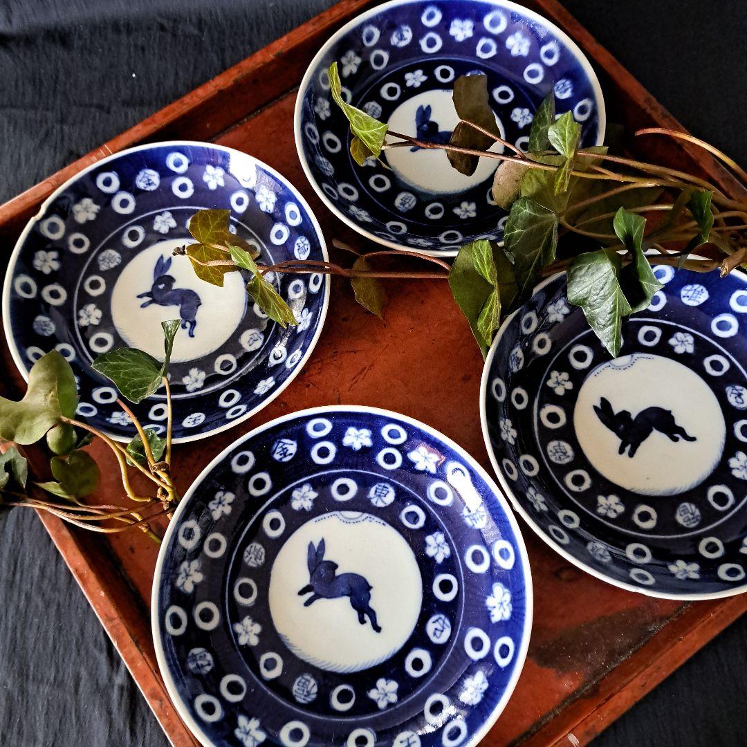 「キズがあっても、\"名品\"！お月見兎(うさぎ)と櫛高台」古伊万里皿4客セット 骨