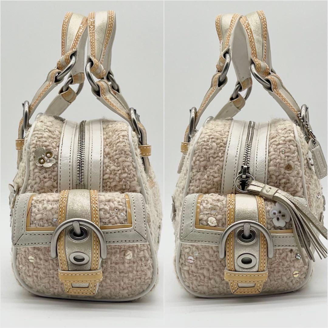 希少 COACH ツイード ハンドバッグ ミニ ボストン 花モチーフ フリンジ