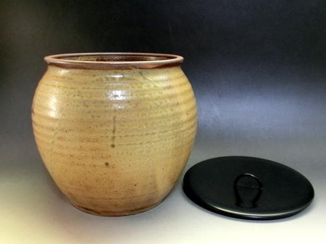 水指□丹波焼き 塩壷型【祥公造】漆器の蓋 塗蓋 桐