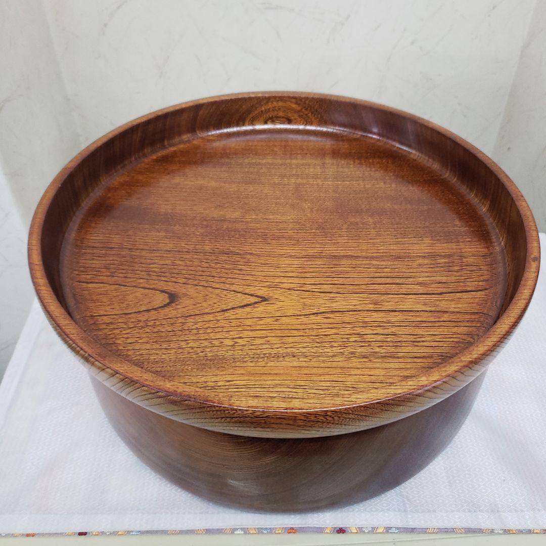 蔵出し特価欅製 無垢茶びつ茶箱 円形 蓋(お盆)付き直径33cm 高さ