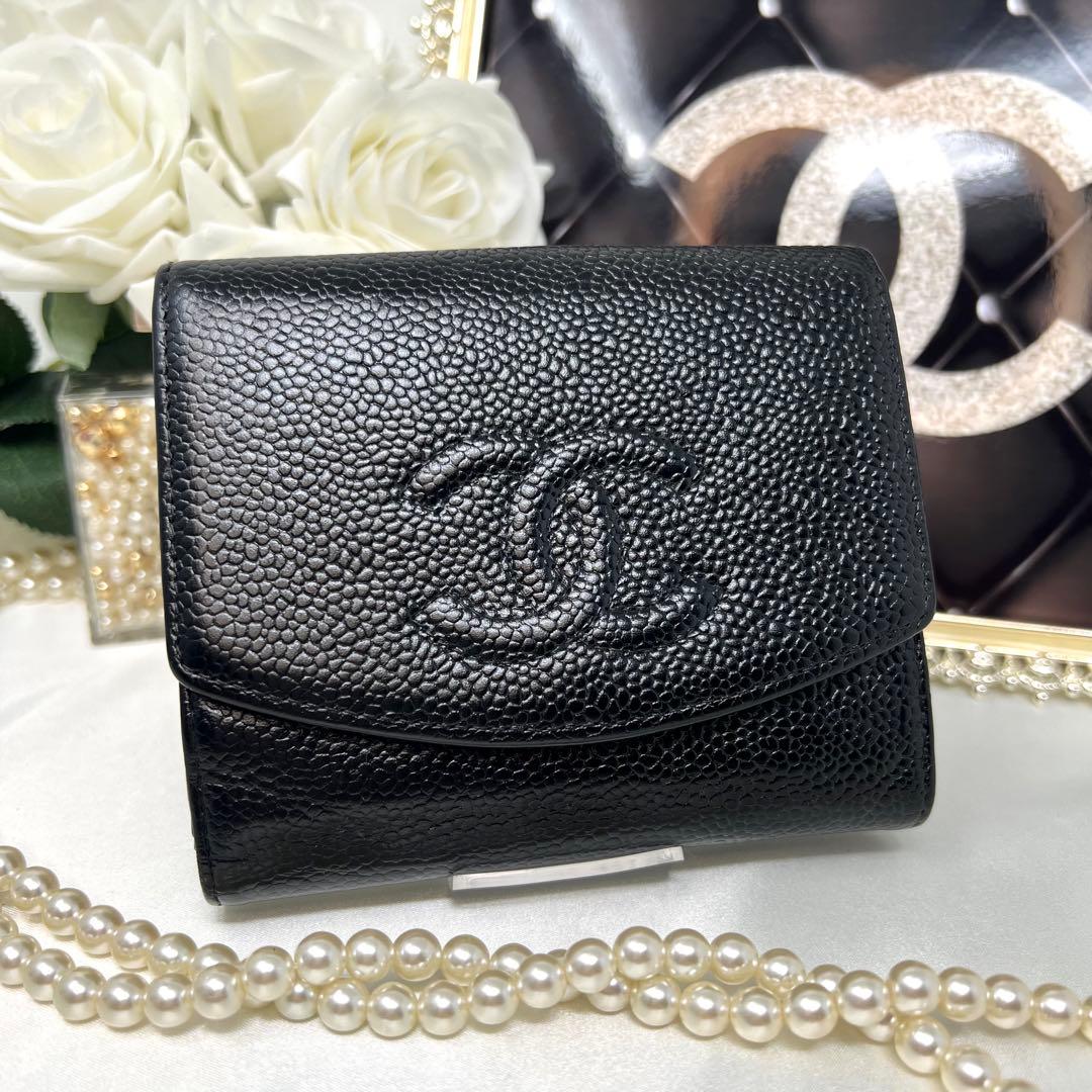 CHANEL シャネル キャビアスキン Wホック 二つ折り財布 コンパクト財布