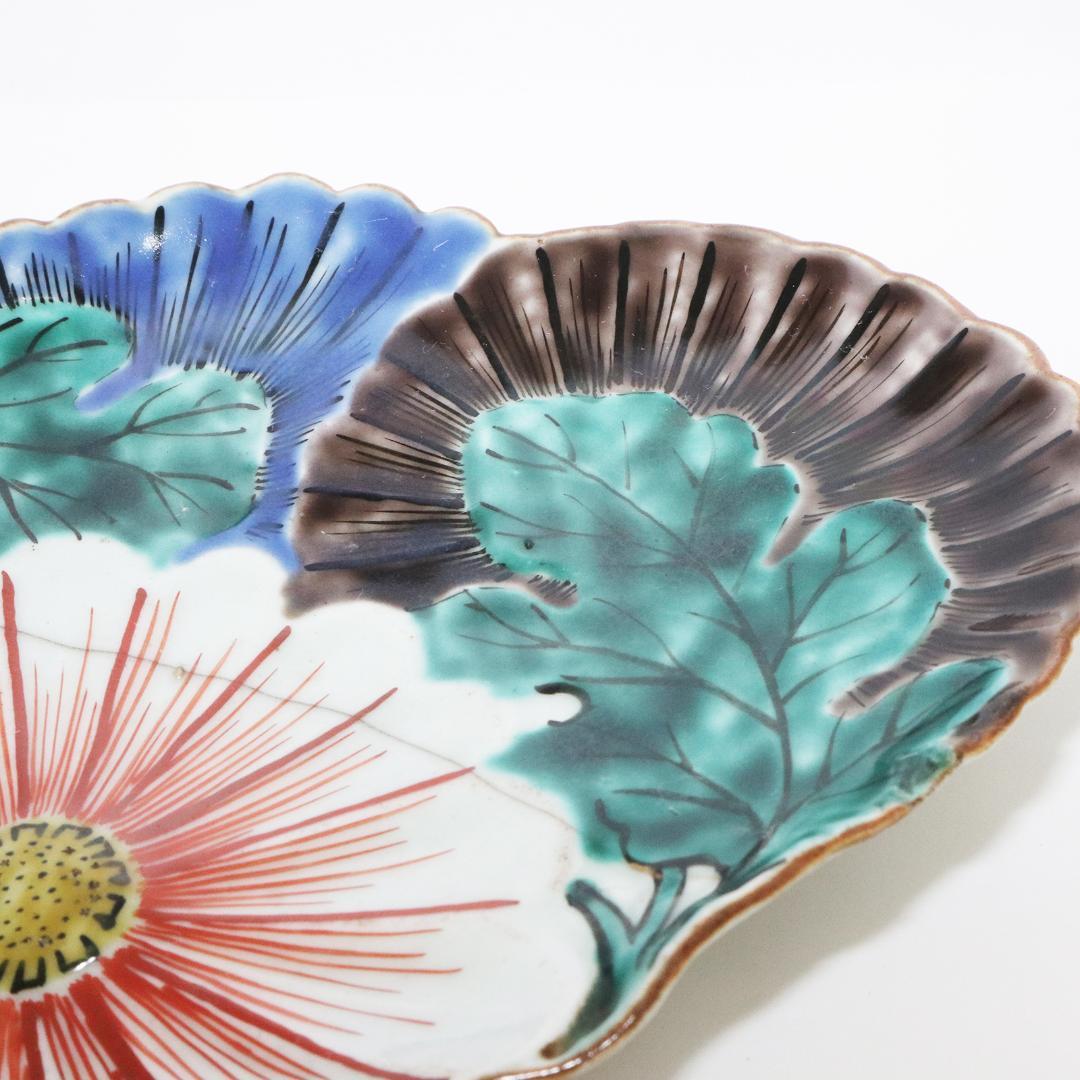 古九谷 変形皿 花 直し有り　箱付き