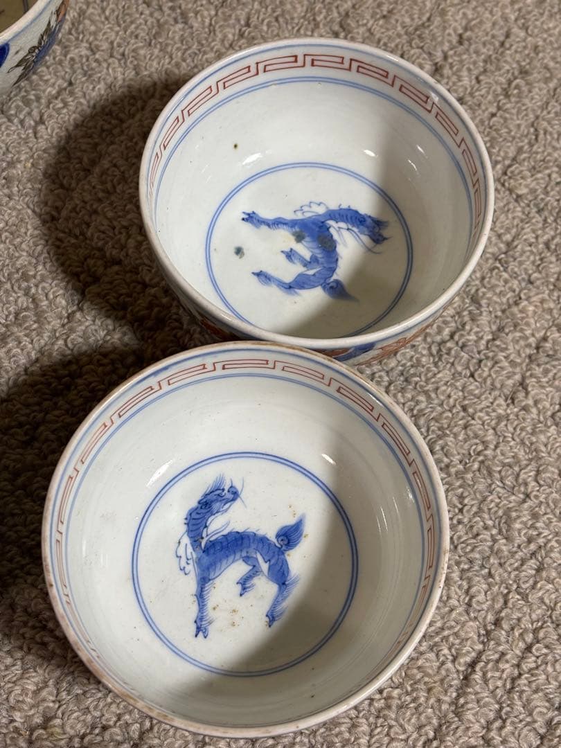 古伊万里色絵金彩蓋茶碗 江戸〜明治期 蓋付き御茶碗 麒麟 銘あり 染付