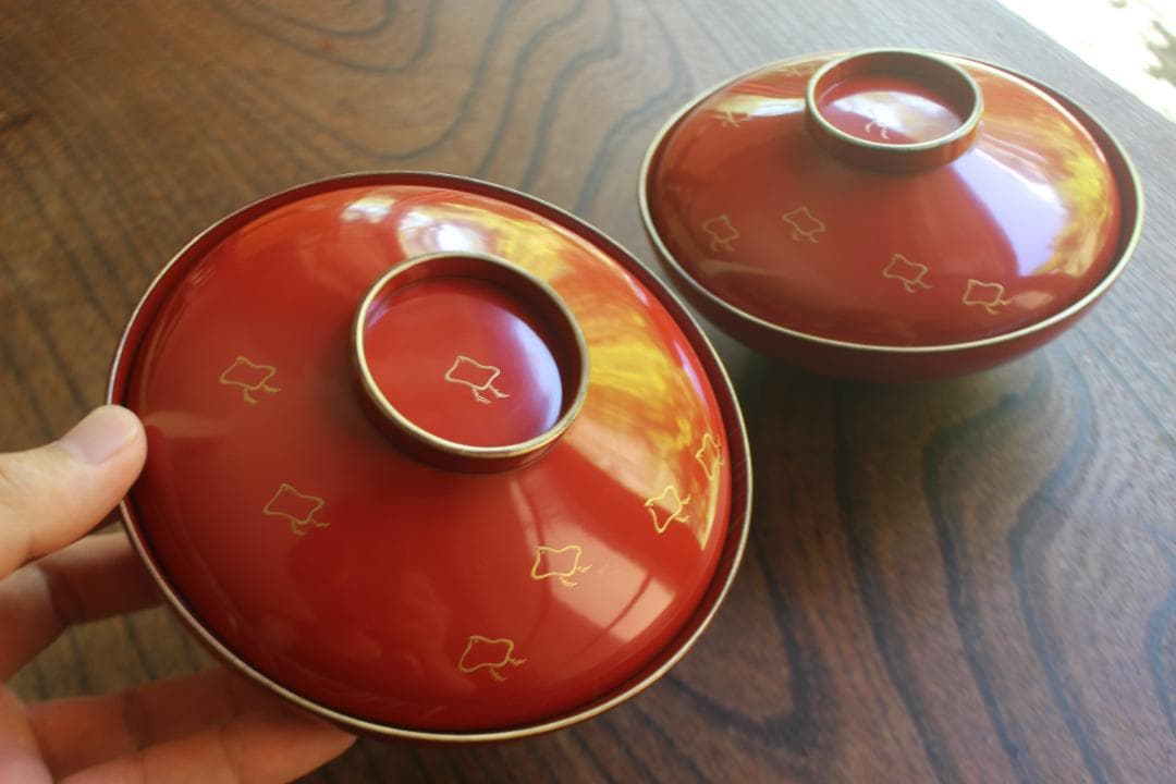 デッドストック！極上金縁朱漆に優美な波千鳥蒔絵のお椀2点（検輪島塗蒔絵椀雑煮椀