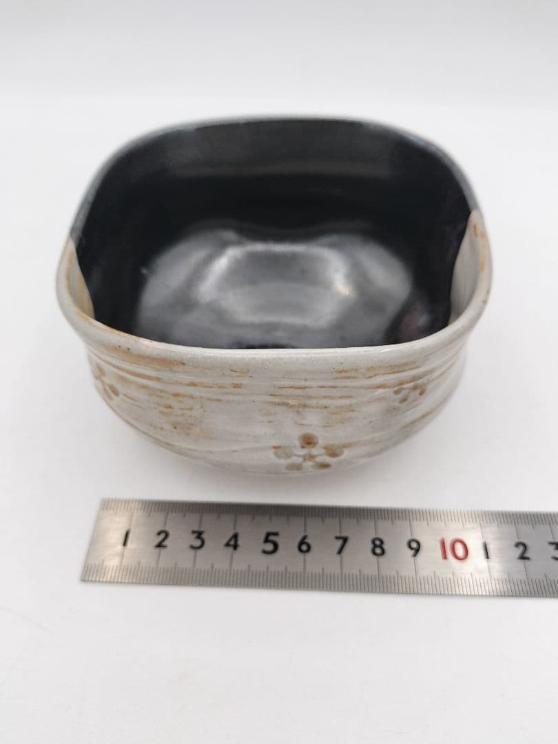 b469 茶碗 紀州焼 四方 利休梅 葵窯 寒川栖豊 木箱 茶道具 古物