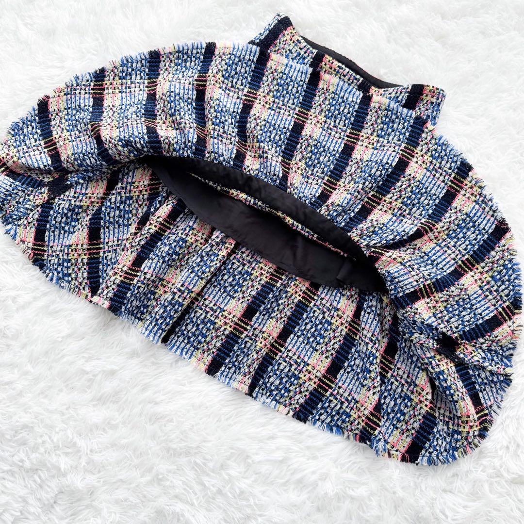 美品 CHANEL 09P ミックスツイードフレアスカート ロゴプレート 42