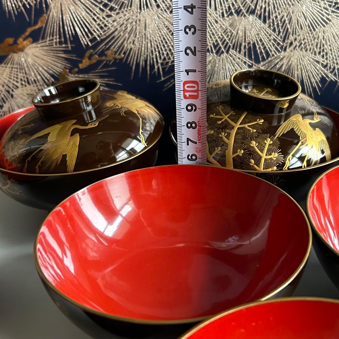 輪島塗　天然木製　松鶴模様 金蒔絵　蓋付き椀 吸物椀　10個セット