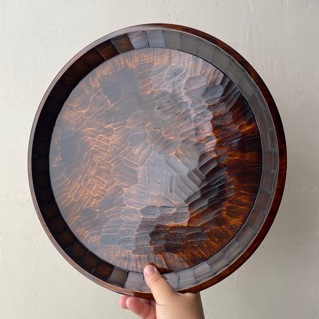 木製 名栗加工 丸盆 大型 古道具風 鑿跡 荒削り ワイルド 古材風