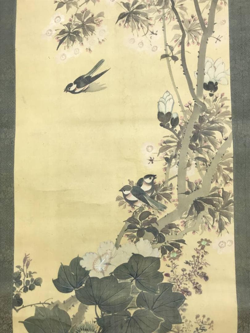 真作/古市金峨/四季花小禽図/花鳥図/小鳥図//掛軸☆宝船☆AD-412