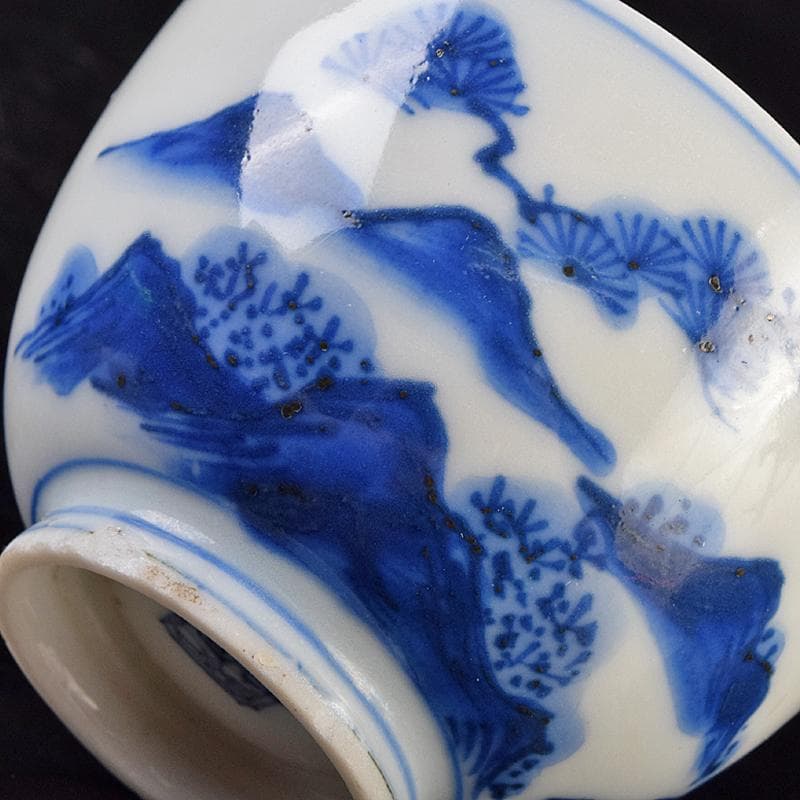 中国 青花 漢詩山水人物文 煎茶碗 時代箱付 V R9489