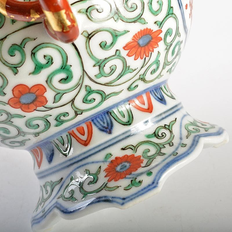 篩月庵 三浦竹泉造 赤絵金彩 花唐草龍文 双耳遊環香炉 共布共箱 J