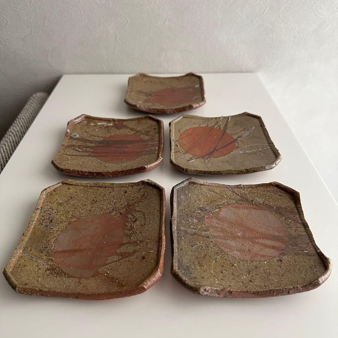 堀江英城 備前 四方皿 5枚 牡丹餅 緋襷 共箱