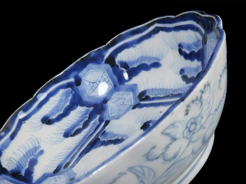 古伊万里　染付　亀甲紋に草花紋の図 膾皿　江戸期　D568AS-fbsx