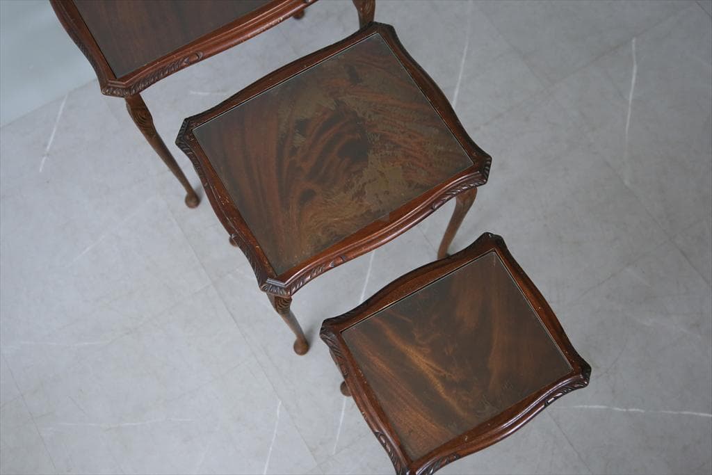 英国アンティーク猫脚ネストテーブル3台/木製机/サイドテーブル(88-11