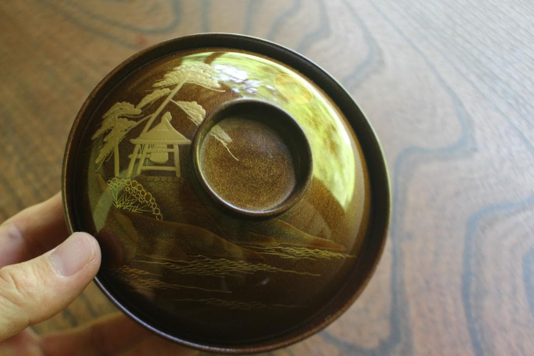 時代逸品！時代総梨地に優美な山水楼閣蒔絵の映えるお椀5点（検輪島塗蒔絵椀懐石椀