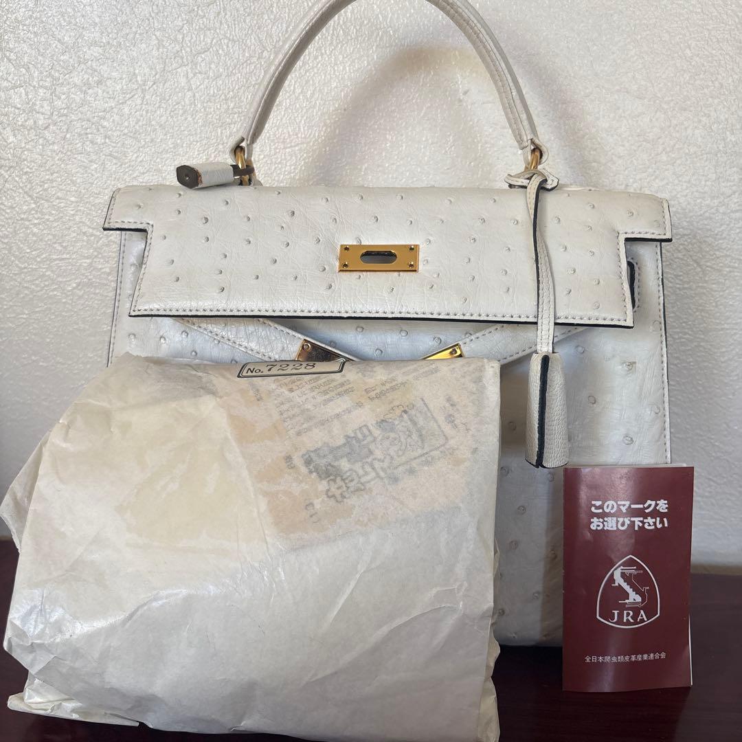 JRA認定 ハンドバッグ ホワイト レザー　クロコ　オーストリッチ