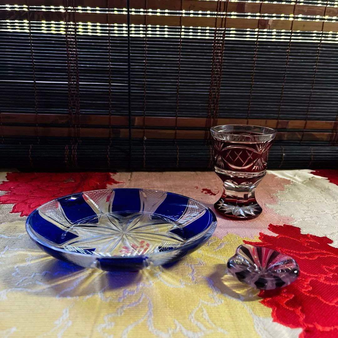 骨董 時代ガラス 青色被せ 精密カット 星切子 中鉢 小皿 1客