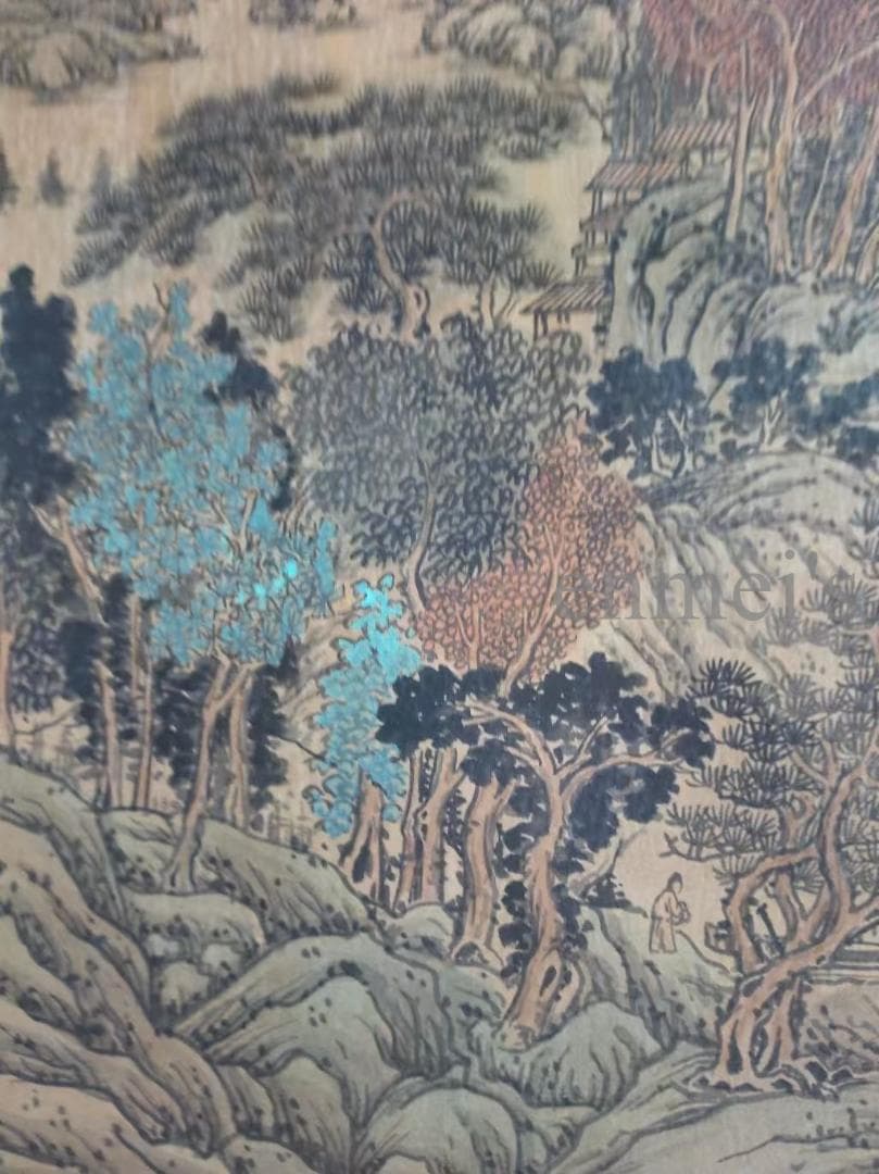 中国古美術 明代 文徴明作款 山水画 水墨画 絹本 三尺 手描き 掛け軸