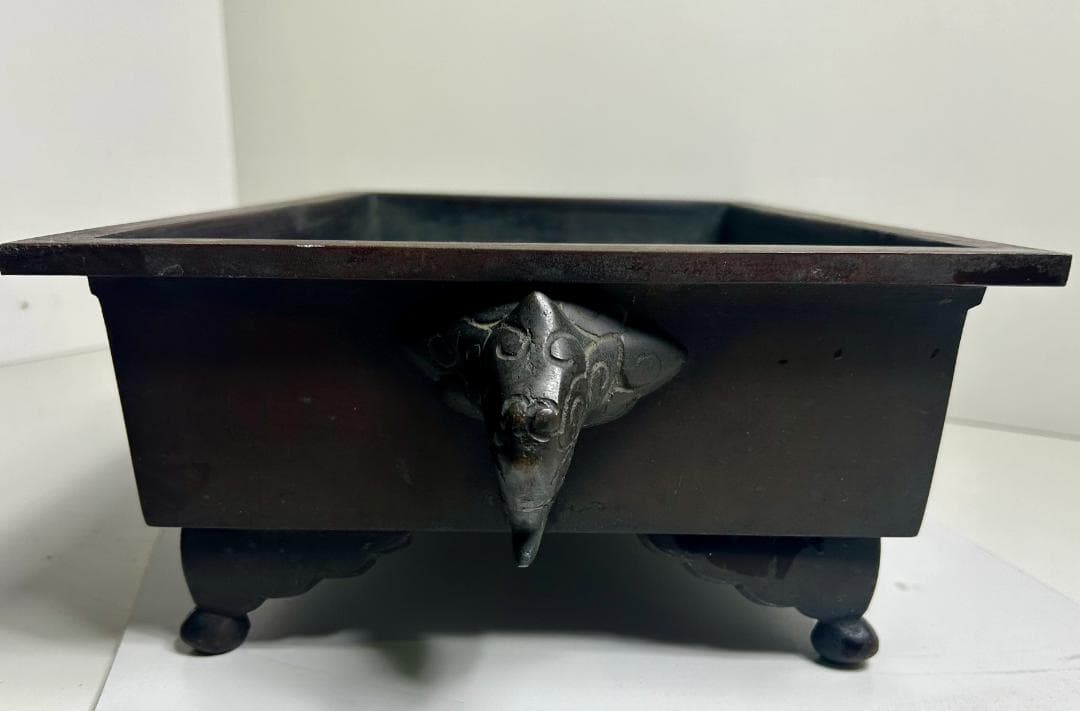 銅製 砂鉢 銅水盤 長方鉢 花器 双獣耳 花瓶 盆栽鉢 華道