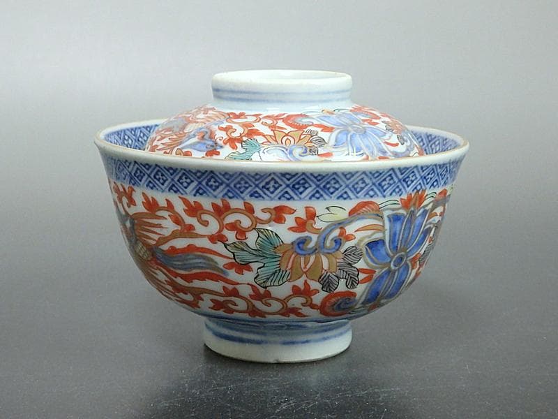 古伊万里　色絵　花唐草に鳳凰の図　蓋茶碗　２客C239A-B -BDg