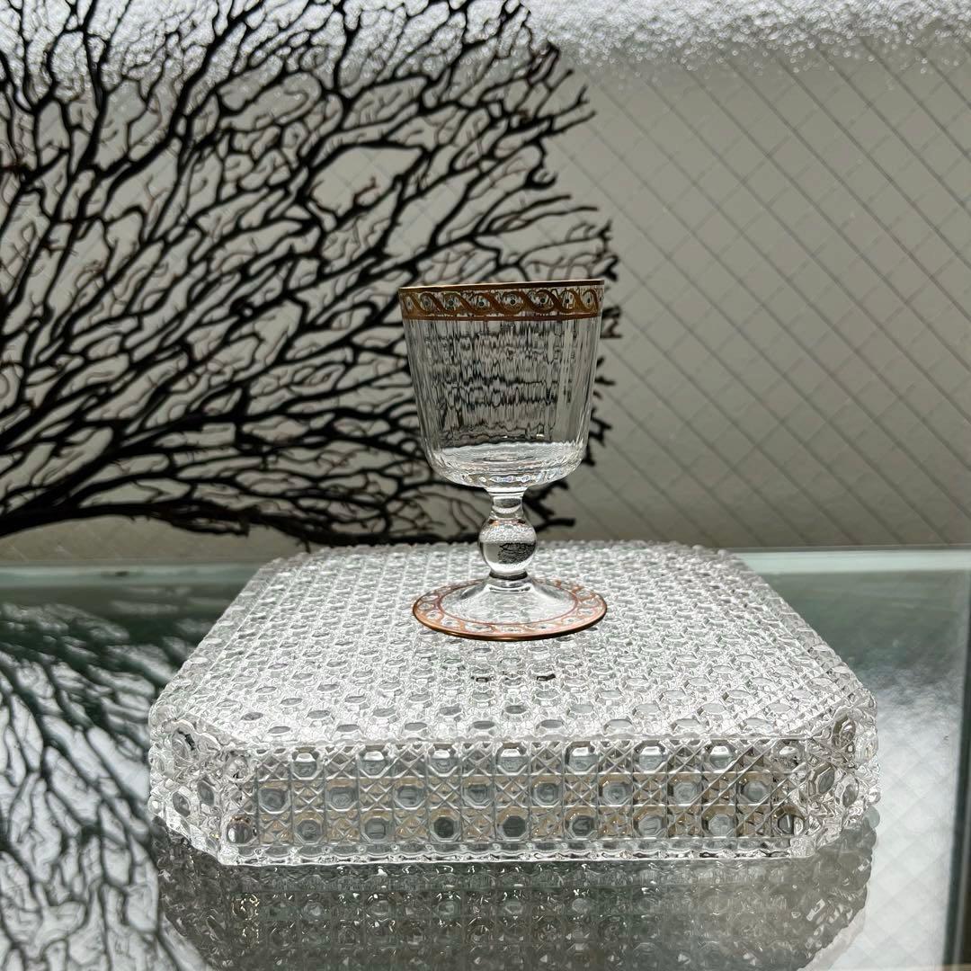 骨董 時代ガラス モールガラス 金彩 エナメル彩 薄張り 筒型 脚付