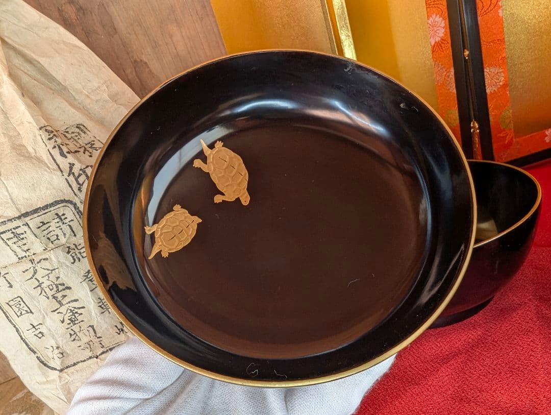 明治時代 輪島塗 金蒔絵 椀 2客 鶴亀 お正月用 木製 汁椀 菓子