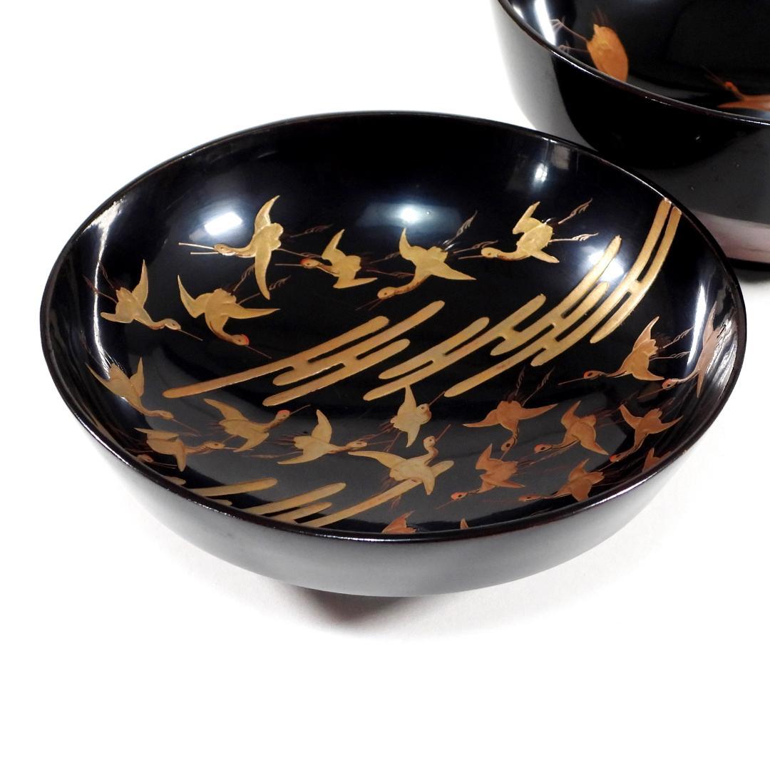 【ゆりかご】金蒔絵 千羽鶴 黒塗煮物椀 10客 木製漆器 天然木