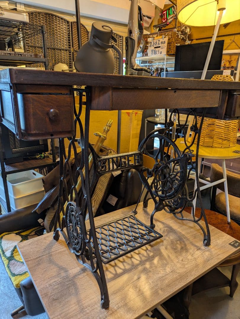 【送料込】シンガー ミシン台 アンティーク アイアン 古材PCデスクカスタム