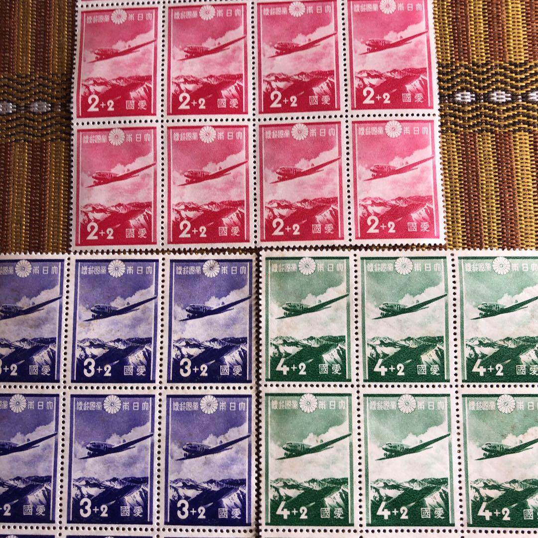 カタログ価格33,昭和12年 愛国募金切手3種×16枚ブロック計