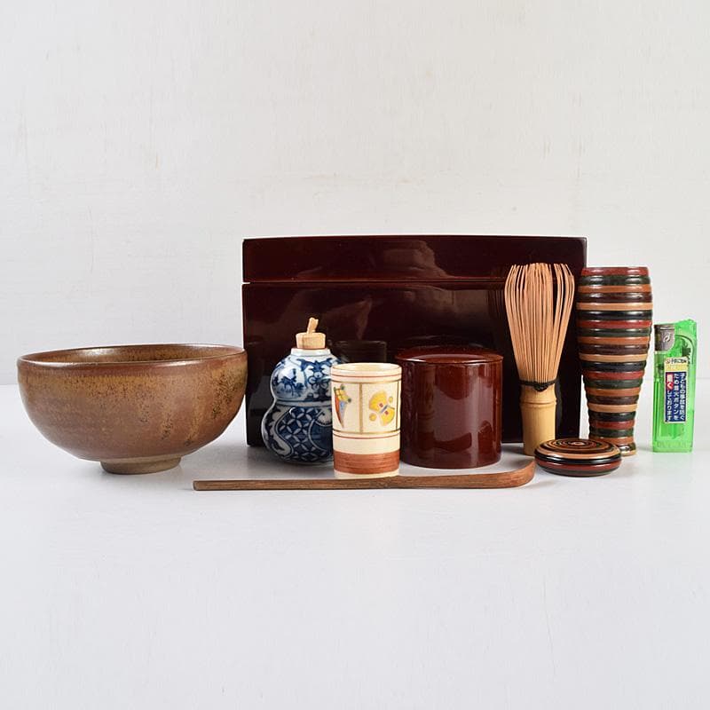 茶道具 春慶塗 利休茶箱 茶碗 振出など 九点 一式 仕覆付 M R9344