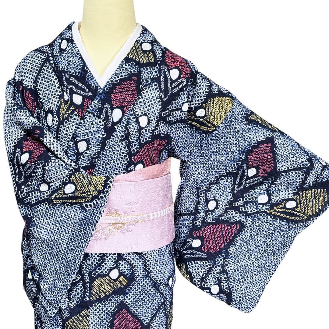 A84夏着物　浴衣　有松鳴海絞り 高級浴衣 花 綿　美品