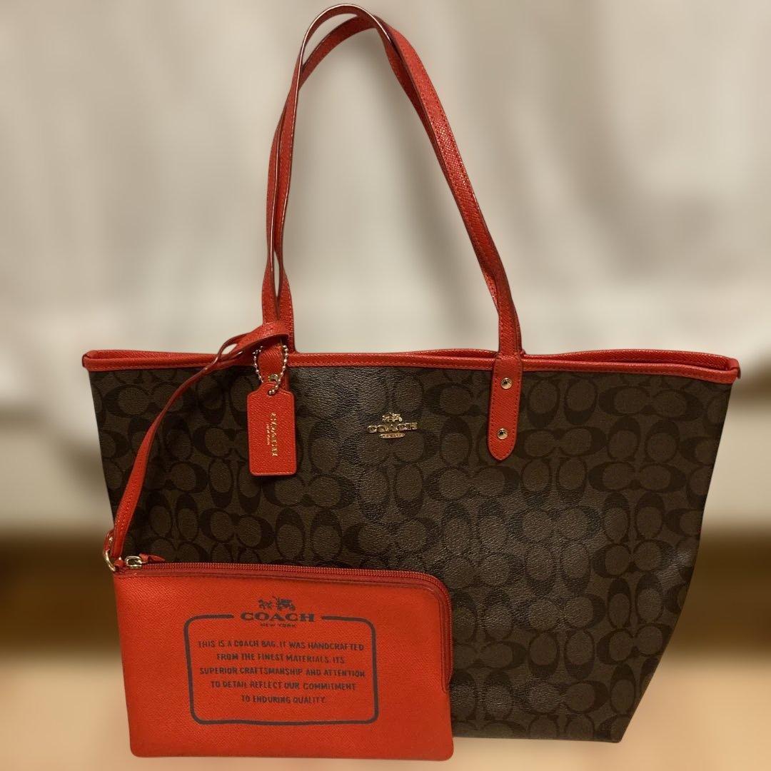 ひめ様　COACH トートバッグ ブラウン/レッド コーチ COACH CV976 トートバッグ A4対応 レディース （ダークブラウン