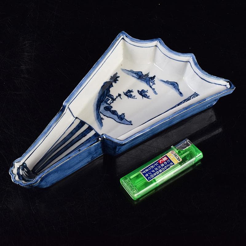 京焼　平安昭阿弥造　染付　山水文　扇面型　向付　五客　共箱　V　R9496B