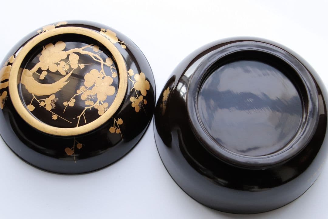 CG79 時代輪島塗 梅金蒔絵 金縁 黒塗椀 五客 木製漆器 / 懐石煮物吸物