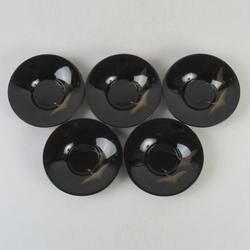 和食器 輪島塗 文化功労者 三谷吾一作 千羽鶴沈金 茶托 五客 共箱