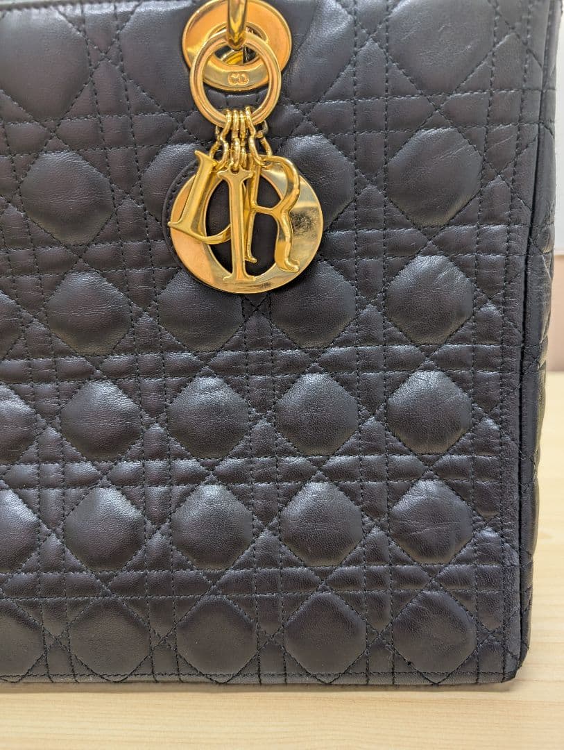 美品 ディオール レディディオール カナージュ レザー ハンドバッグ 黒