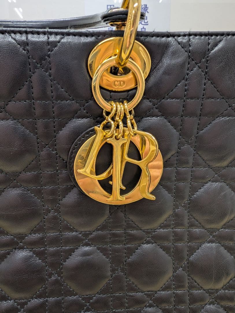 美品 ディオール レディディオール カナージュ レザー ハンドバッグ 黒