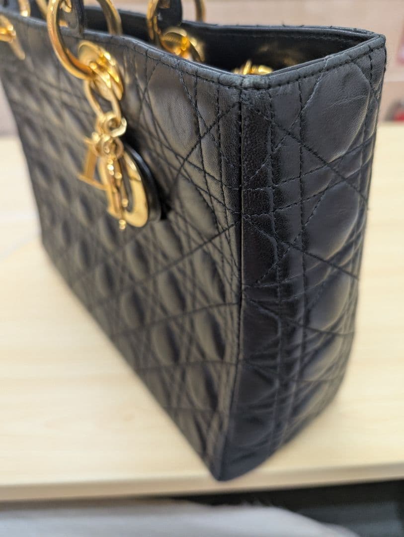 美品 ディオール レディディオール カナージュ レザー ハンドバッグ 黒