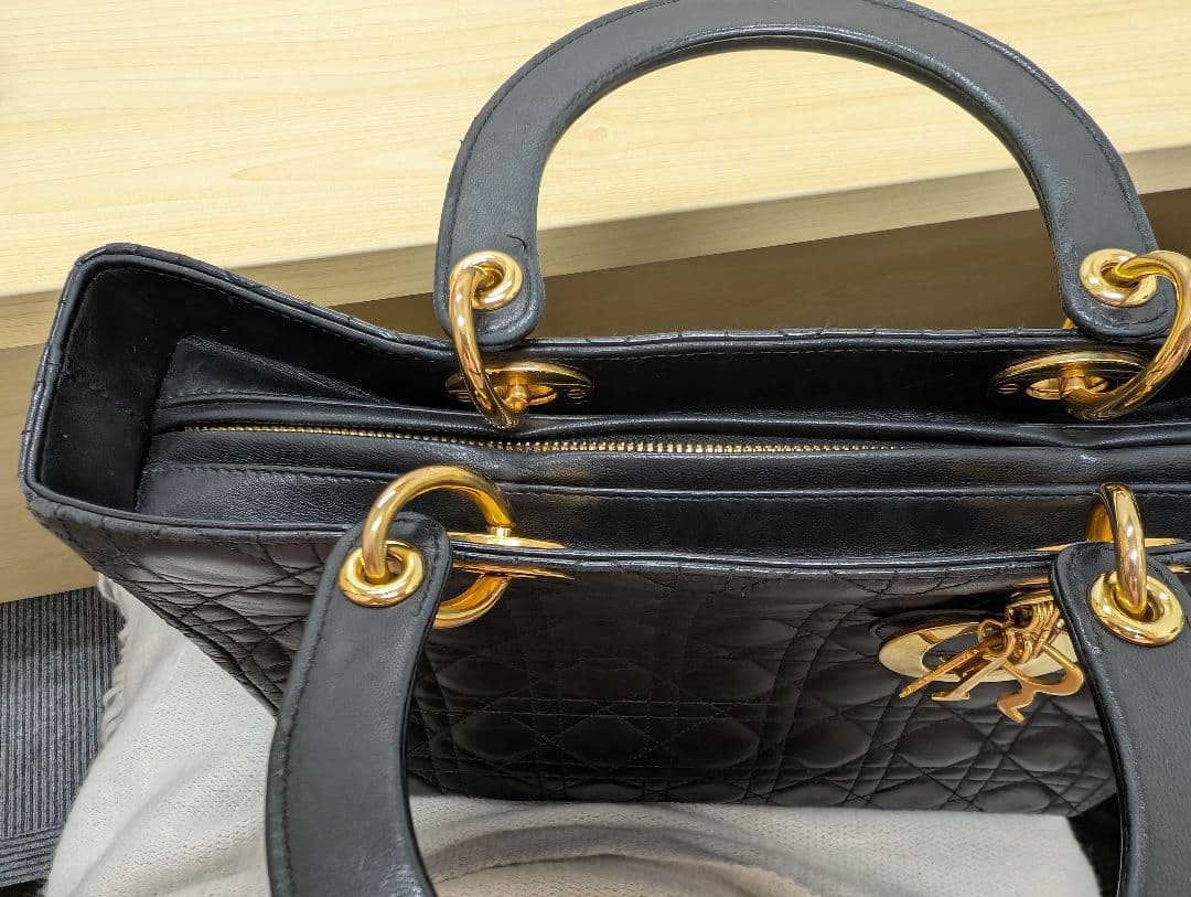 美品 ディオール レディディオール カナージュ レザー ハンドバッグ 黒