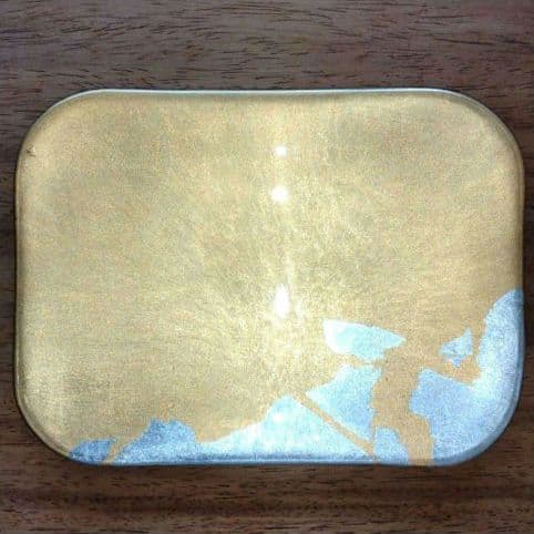 瑞雲金箔竹皿☆平安象彦　箱付き、加賀金箔きらら胴張銘々皿５枚・菓子切５本　箱付き